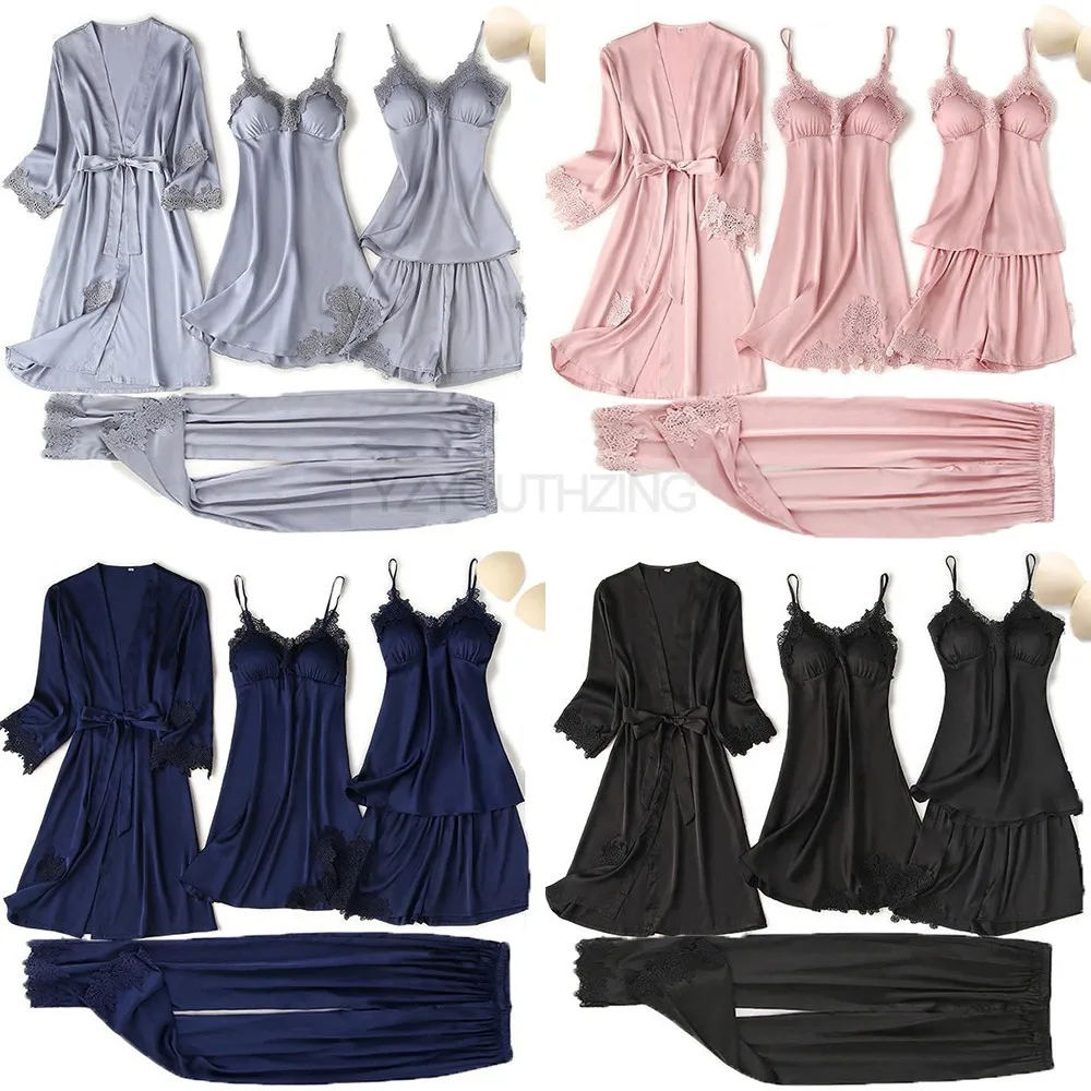 Pajama Set Women Lace Trim Satin Sleepwear Pyjamas Pour Femme Summer Nightwear With Pants Casual Home Wear Kimono Robe Gown PJS - Image 4