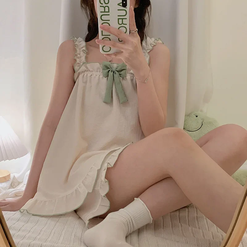 Women Summer Suspenders Two Pieces Pajamas Short With Bow Sleeveless Thin Sweet Cute Cotton Homewear Loose Soft Square Collar L