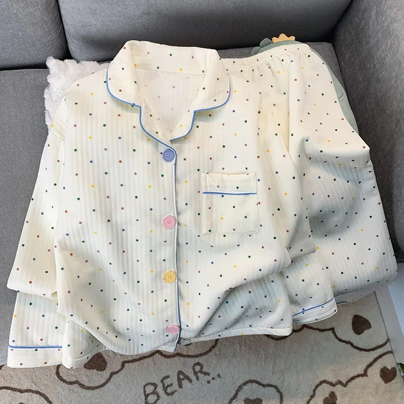 Korean Style Colourful Dot Women's Sleepwear Set 2025 Autumn Winter New Pajamas Set Cute Lapel Neck Casual Homewear 2PC Suit