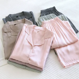 Men and Women's Cotton Silk Pajamas, Thin Satin Home Clothing, Long Sleeved Pants, Spring Pajama Sets, Pure Color, Couple, 2 Pcs