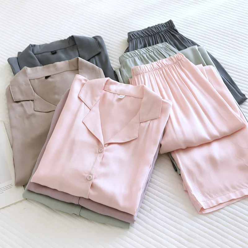 Men and Women's Cotton Silk Pajamas, Thin Satin Home Clothing, Long Sleeved Pants, Spring Pajama Sets, Pure Color, Couple, 2 Pcs
