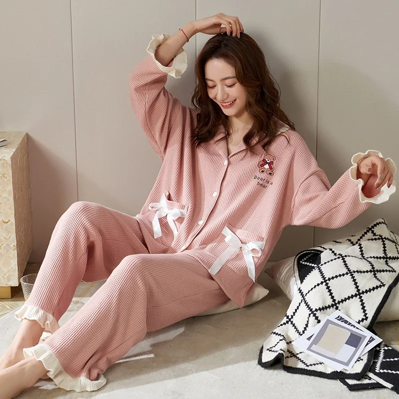 Autumn Winter Women Cotton Long Sleeves Pajamas Cute Cartoon Soft Sleepwear New Simple Loose Home Clothes - Image 2