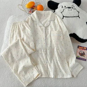 Print Polka Dot Women Pajamas Sleepwear Korean Pajama Set Long 2 Piece Set Autumn New Casual Comfortable Home Suit Outfits Sweet