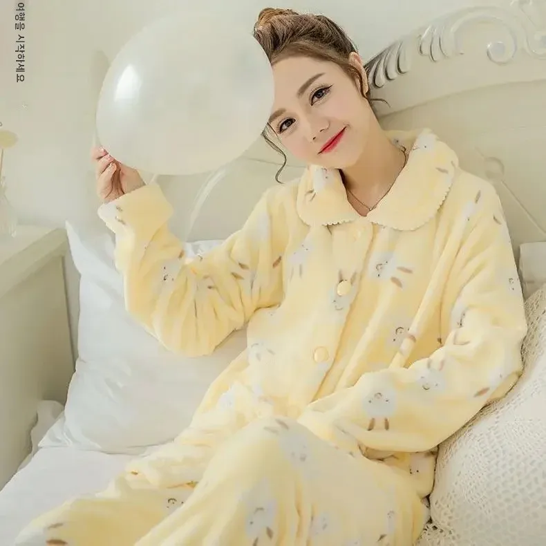 Thickened Flannel Coral Fleece Sleepwear Long Sleeve Home Clothes Set for Women Winter Warm Cozy Two-Piece Suit Comfortable Paja - Image 2