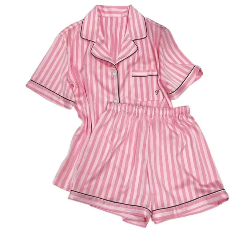 Large Size Women Pajamas Set Short-Sleeved Student Homewear Two-Piece Cardigan Lapel Senior Sense of Striped Short-Sleeved Short - Image 6