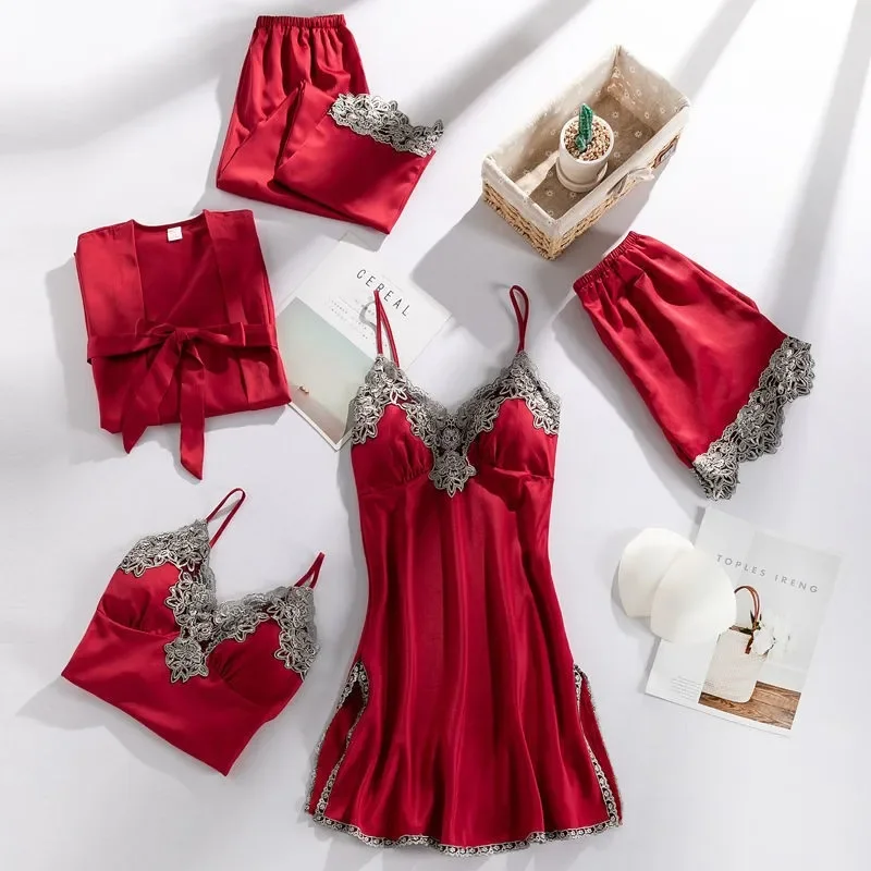 5PCS Sleepwear Sleep Suit Sexy Womens Lace Pajamas Sets V-Neck Satin Pijamas Intimate Lingerie Spring Nightwear Home Wear PJS - Image 2