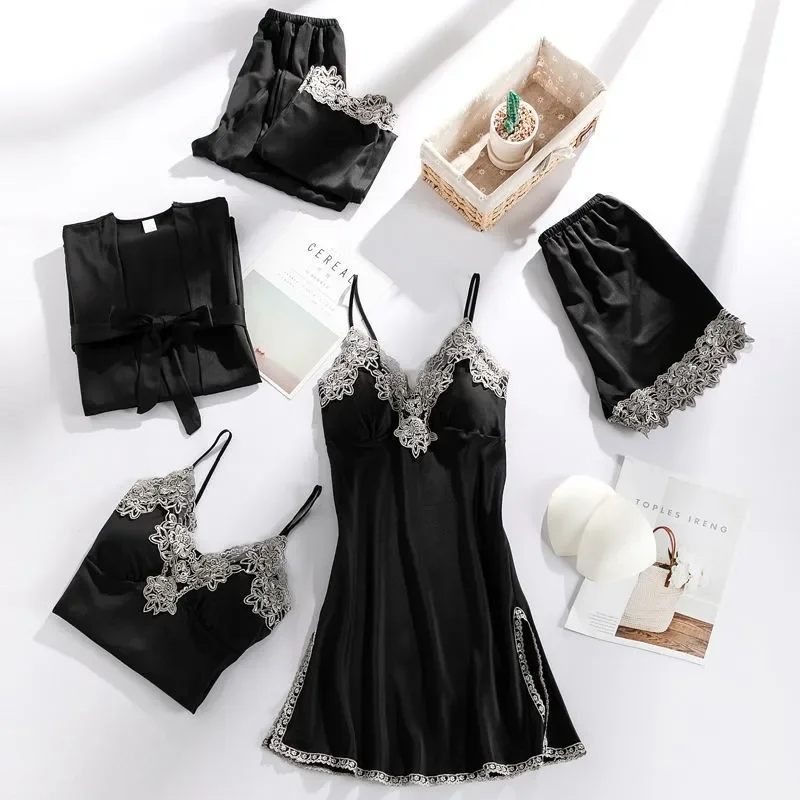 5PCS Sleepwear Sleep Suit Sexy Womens Lace Pajamas Sets V-Neck Satin Pijamas Intimate Lingerie Spring Nightwear Home Wear PJS - Image 3