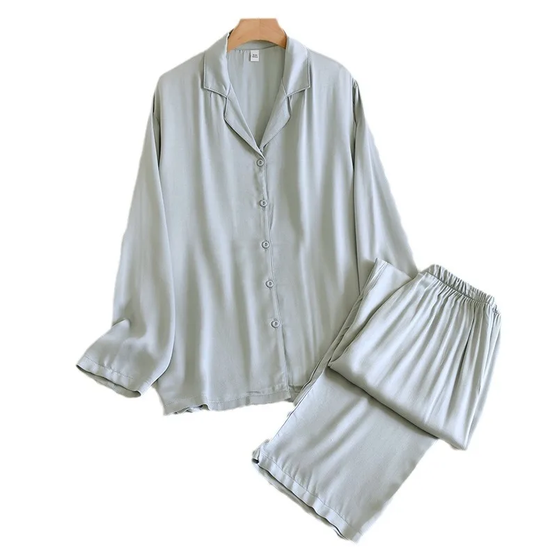 Men and Women's Cotton Silk Pajamas, Thin Satin Home Clothing, Long Sleeved Pants, Spring Pajama Sets, Pure Color, Couple, 2 Pcs - Image 5