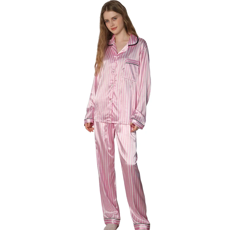 2-piece set of women's pajamas long sleeved pants cardigans home clothes spring and autumn winter striped set - Image 2