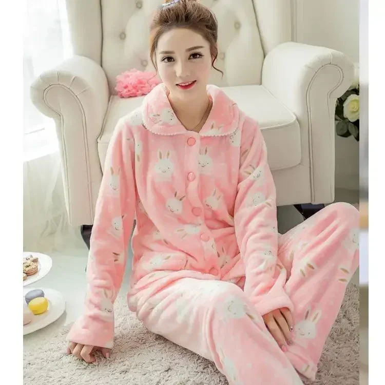 Thickened Flannel Coral Fleece Sleepwear Long Sleeve Home Clothes Set for Women Winter Warm Cozy Two-Piece Suit Comfortable Paja - Image 5