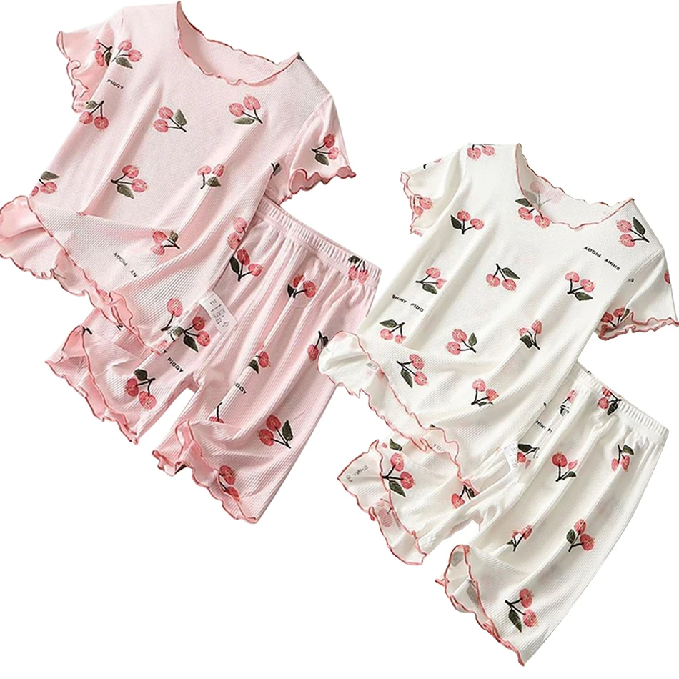 2 Sets/Pack Children Summer Sleepwear Set Cute and Comfortable Casual Ice Silk Short Sleeve and Short Pants for Girl Pajama Sets