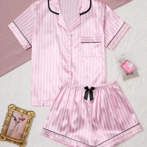 Satin Silk Women Pajamas Set Short-Sleeved Student Homewear Two-Piece Cardigan Lapel Senior Sense of Pink Striped Large Size