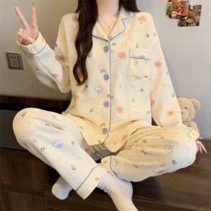 Two-Piece Set Ladies Pajamas Set Long-Sleeved Cartoon Sweet Cute Print Cardigan Home Wear Simple Sleepwear Winter Autumn New