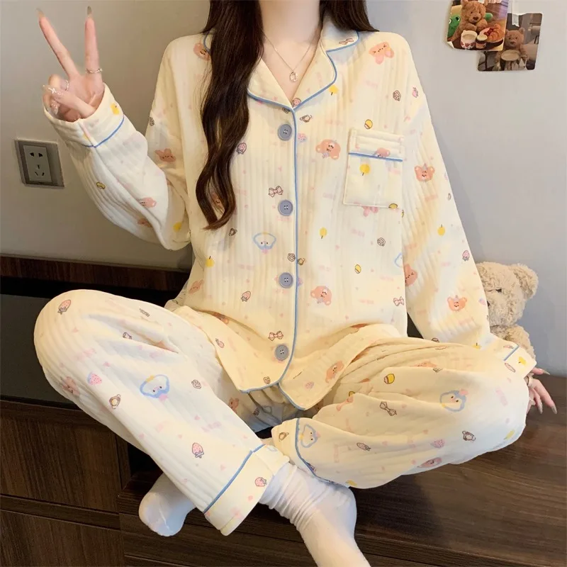 Two-Piece Set Ladies Pajamas Set Long-Sleeved Cartoon Sweet Cute Print Cardigan Home Wear Simple Sleepwear Winter Autumn New