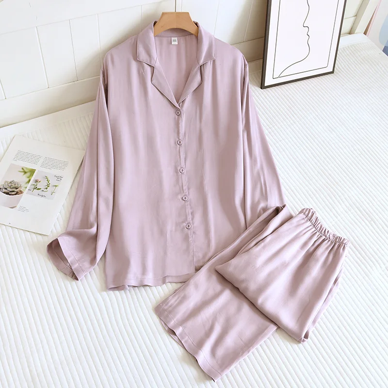 Men and Women's Cotton Silk Pajamas, Thin Satin Home Clothing, Long Sleeved Pants, Spring Pajama Sets, Pure Color, Couple, 2 Pcs - Image 2