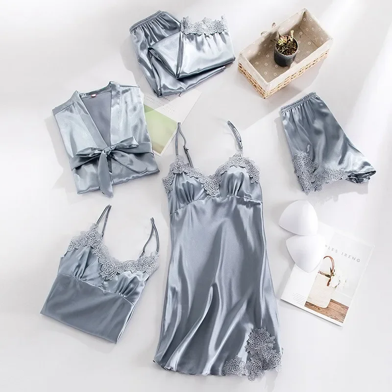 5PCS Sleepwear Sleep Suit Sexy Womens Lace Pajamas Sets V-Neck Satin Pijamas Intimate Lingerie Spring Nightwear Home Wear PJS - Image 6