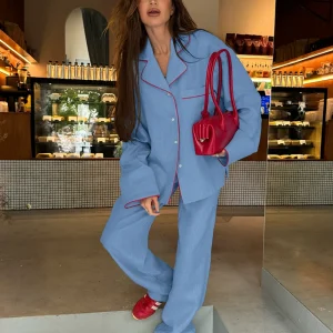 Marthaqiqi Cotton Ladies Nightwear Suit Long Sleeve Nightgowns Turn-Down Collar Pajamas Pants Winter Casual Female Sleepwear Set