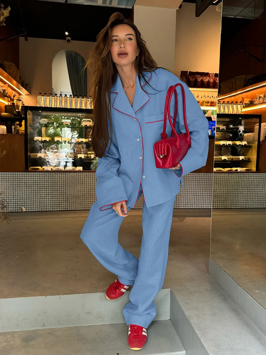 Marthaqiqi Cotton Ladies Nightwear Suit Long Sleeve Nightgowns Turn-Down Collar Pajamas Pants Winter Casual Female Sleepwear Set