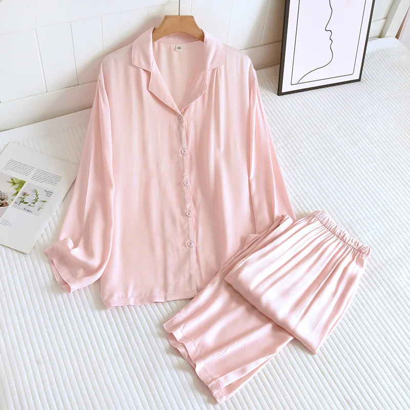Men and Women's Cotton Silk Pajamas, Thin Satin Home Clothing, Long Sleeved Pants, Spring Pajama Sets, Pure Color, Couple, 2 Pcs - Image 3