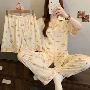 New Japanese-Style Women's Summer Short-Sleeve Three-Piece Set: Loose-Fit Cartoon Girls' Spring/Summer Pajama Set & Loungewear