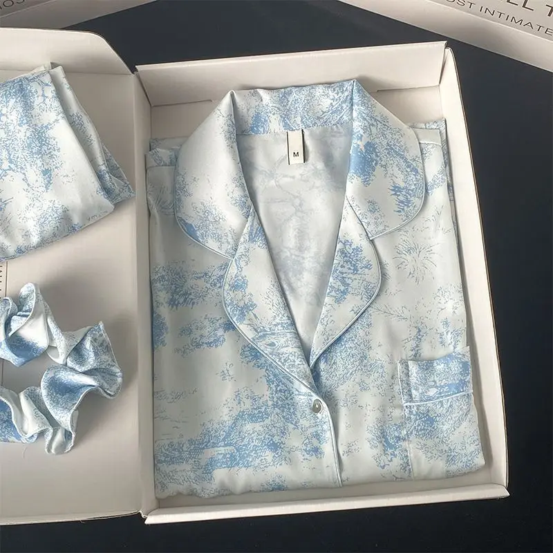 Plus Size Women's Sleepwear Simple Satin Pajama Set Long Sleeve Buttons Lapel Top with Elastic Pants Loungewear 2 Piece Nighty