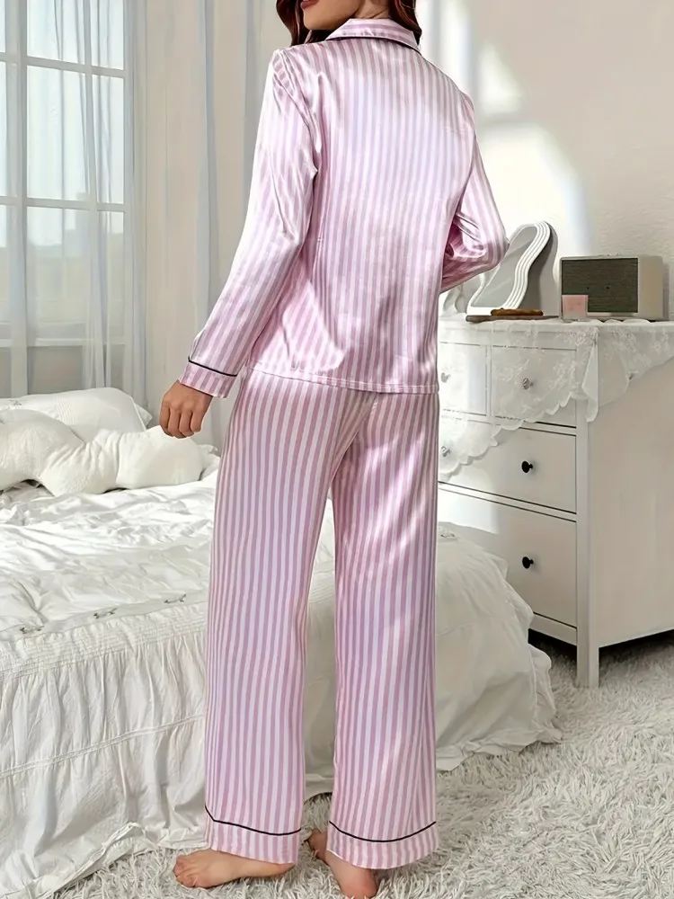 Autumn Winter Striped Pajamas Set for Women Sleepwear Long Sleeve Button Top and Long Pants Set Homewear Loungewear - Image 2