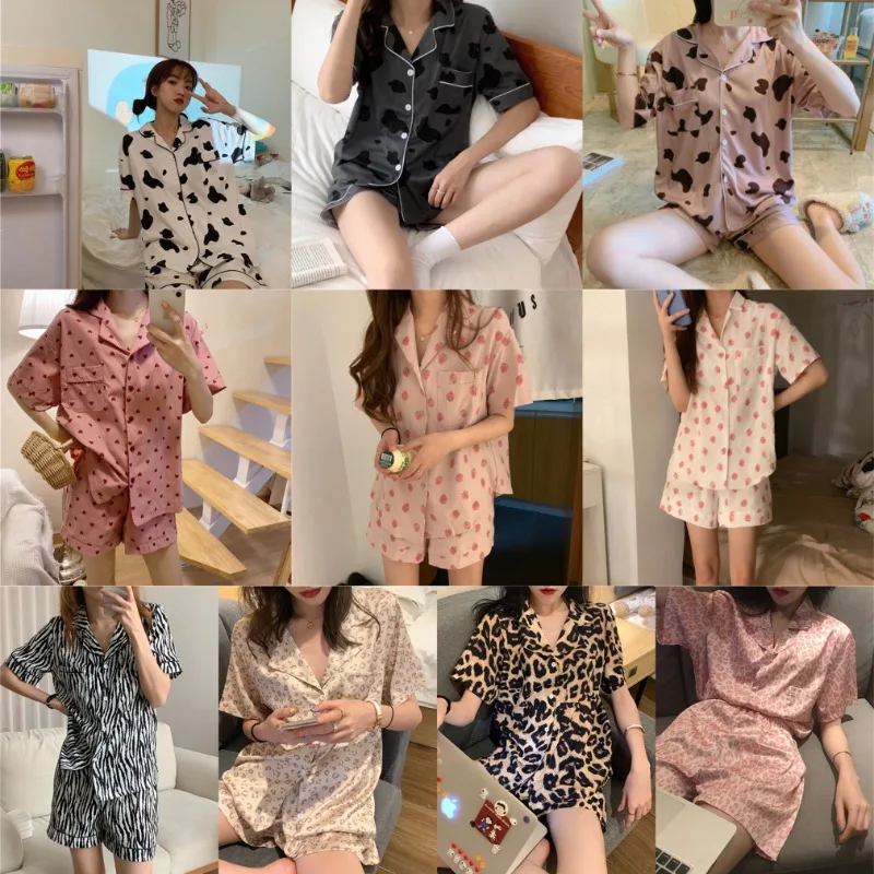 Women Pajamas Homewear Set Short-Sleeved Shorts Two-Piece Set Printed Girl Cardigan Nightwear Loungewear Comfortable Sleepwear - Image 2